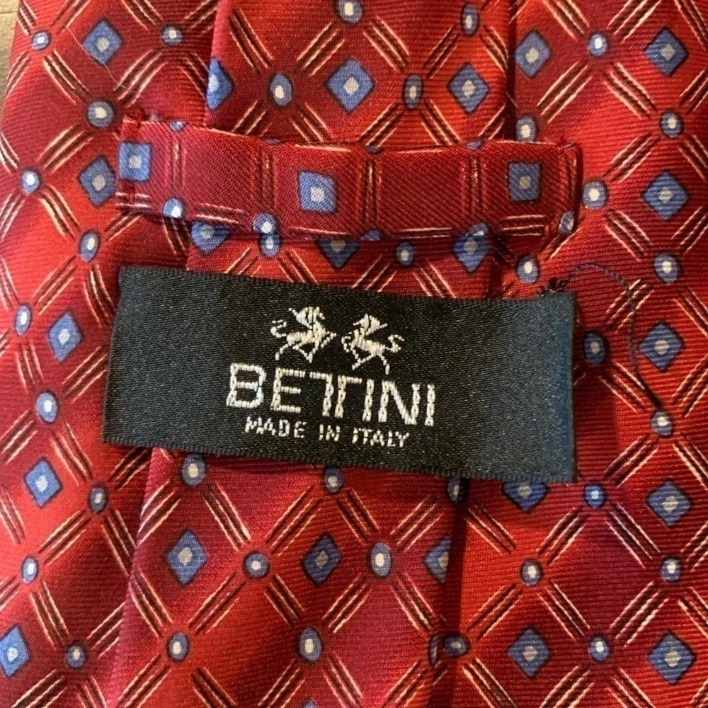 VTG BETINI 100% Silk Italy Red Blue Geometric Circle Print Tie
